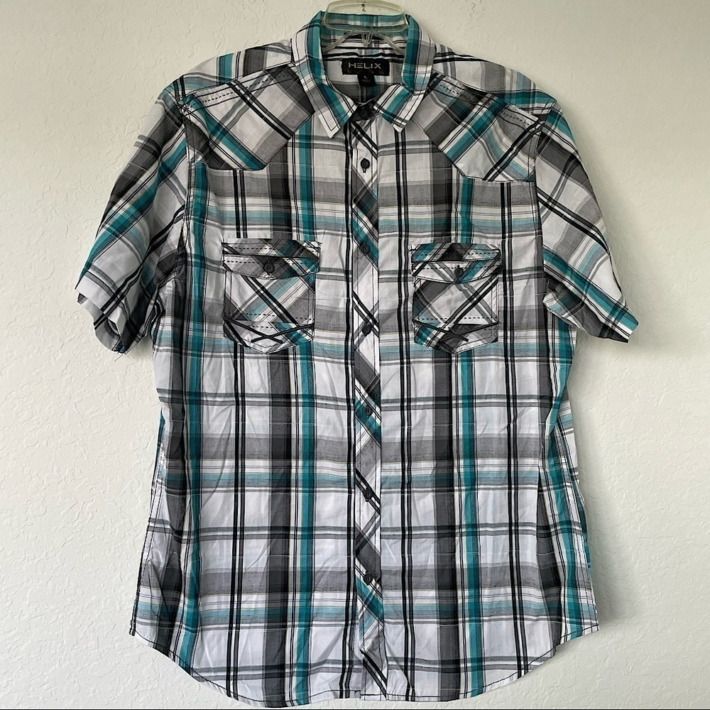 Helix Athletic Fit Button Up Men’s Black White Teal Plaid Shirt Large​​​​‎